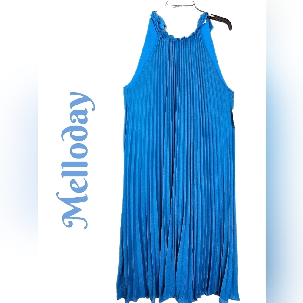 Melloday Womens Maxi Dress Sz L Bright Blue Pleated Halter Neck Wedding **FLAW**